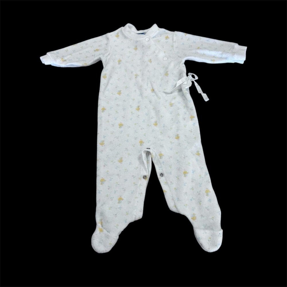 Vintage 70s Baby Sleeper 9 Month Footies USA Schwab Terry Flowers Chicks Girl